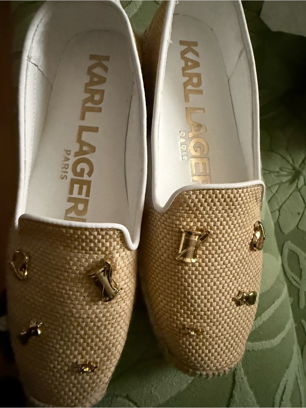 Karl Lagerfeld Tan Woven Loafers with Gold Hardware